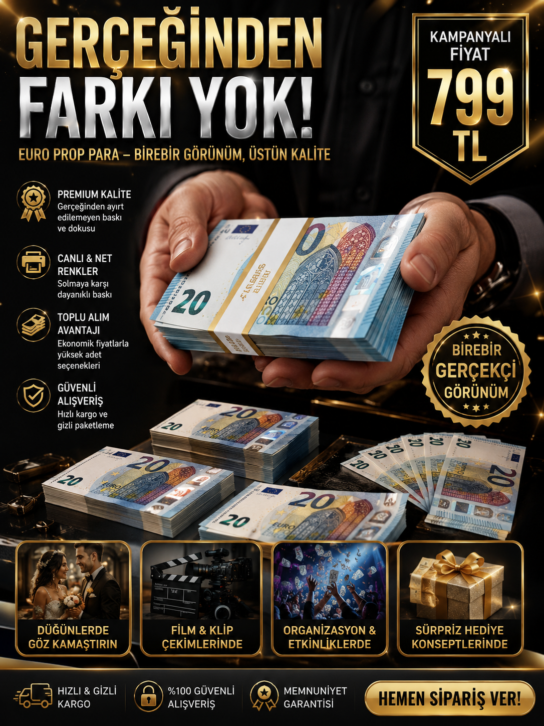 Süper Kalite 1 Deste 20 Euro Düğün Eğlence Ve Oyun Parası 1.ci Kalite