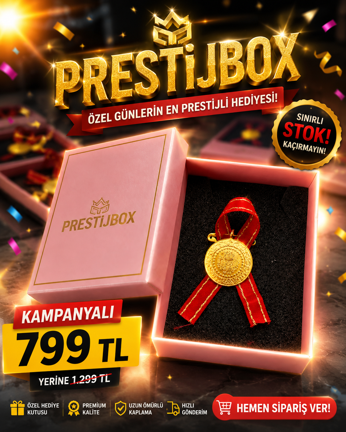 22 Ayar Altın Kaplama Kurdeleli, Kutulu, Kulplu